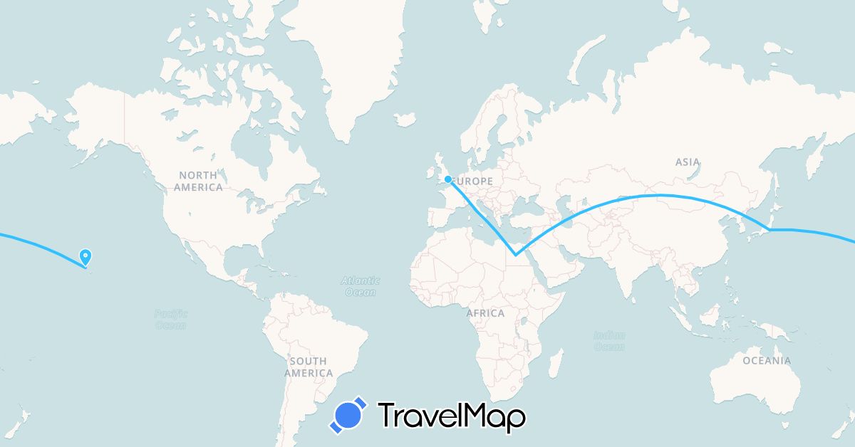 TravelMap itinerary: driving, boat in Egypt, United Kingdom, Italy, Japan, United States (Africa, Asia, Europe, North America)